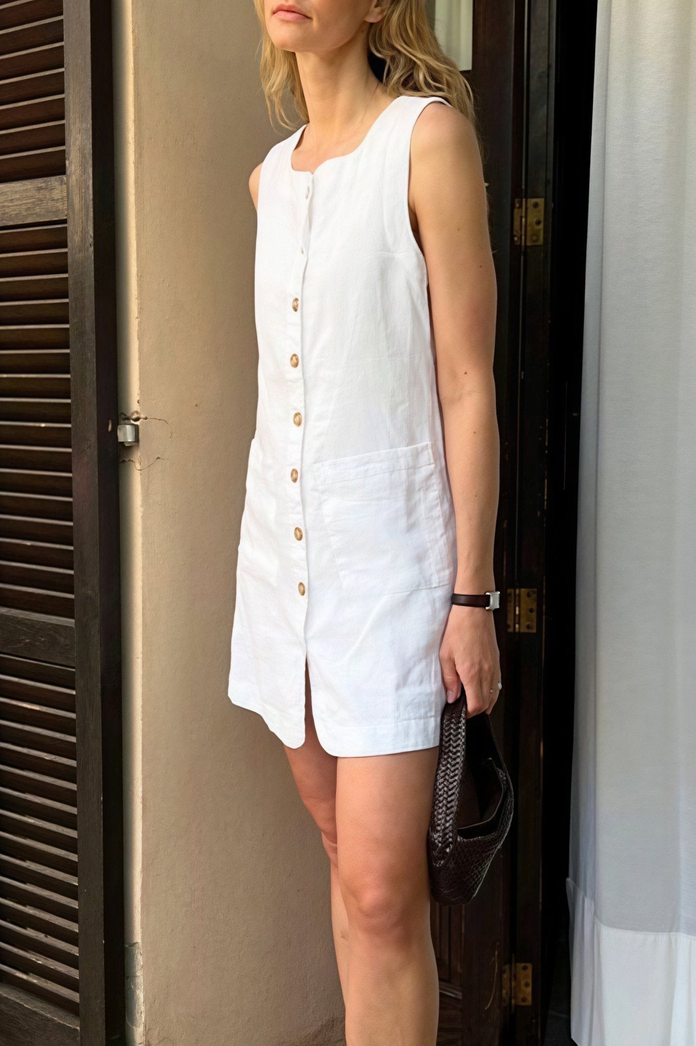Themis Linen Square Neck Button Mini Dress